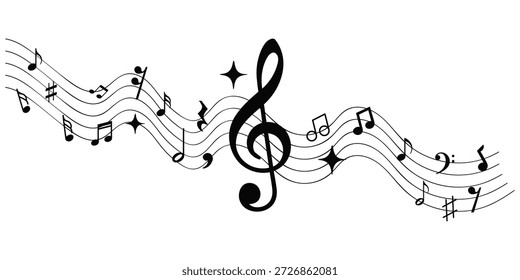 Conjunto de iconos de notas musicales. Hermosas notas musicales que fluyen con la clave y el personal que crea una elegante melodía artística onda de sonido.