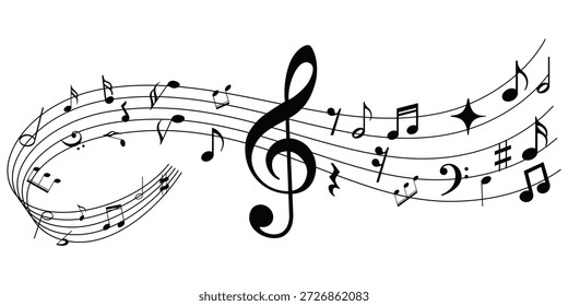 Conjunto de iconos de notas musicales. Hermosas notas musicales que fluyen con la clave y el personal que crea una elegante melodía artística onda de sonido.