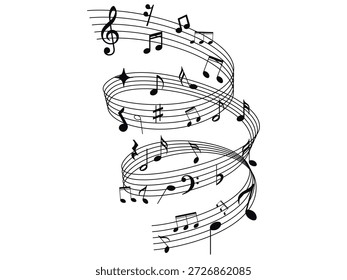 Conjunto de iconos de notas musicales. Hermosas notas musicales que fluyen con la clave y el personal que crea una elegante melodía artística onda de sonido.
