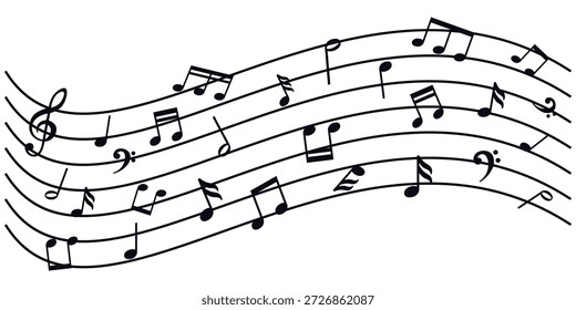 Conjunto de iconos de notas musicales. Hermosas notas musicales que fluyen con la clave y el personal que crea una elegante melodía artística onda de sonido.