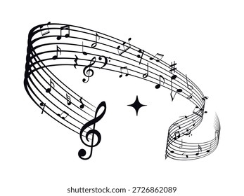 Conjunto de iconos de notas musicales. Hermosas notas musicales que fluyen con la clave y el personal que crea una elegante melodía artística onda de sonido.