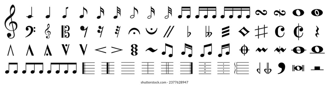 Juego de iconos de notas de música. Iconos de notas musicales negras. Símbolo de notas musicales. Icono de notas de colección grande.Elementos de música. Treble arpa. Ilustración vectorial.