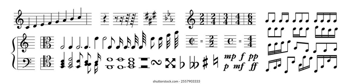 Music notes icon set. Black simple symbols and signs of musical notation. Notations and rules for playing musical instruments. Flat vector illustration collection isolated on background