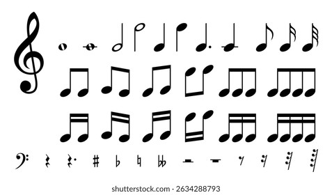 Music notes icon set. Black note symbol.  Vector illustration eps