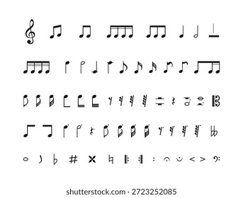 Conjunto de iconos de notas musicales, fondo abstracto de notas musicales de grupo. Diseño abstracto de música dinámica. Ilustración vectorial.