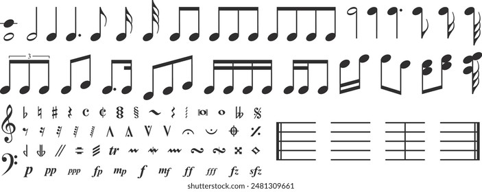 Music notes icon set. Set of musical notes. Black musical note icons. Music elements. Isolated music notes symbols on white background. Simple musical note signs. Closeup of music notes Vector