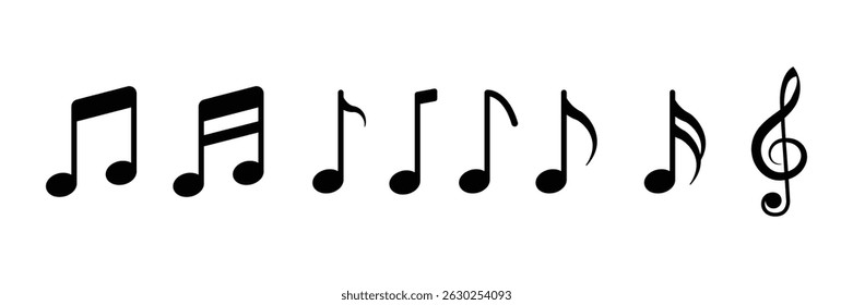 Symbolsatz für Musiktitel, Symbol für musikalische Schlüsselnoten, hervorgehoben durch definierte fette Linien, musikalisch perfekt, Klarheit, einzeln auf weißem Hintergrund,