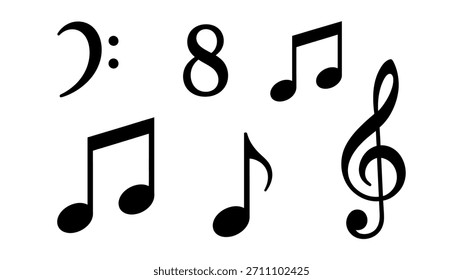 Conjunto de iconos de notas musicales. Símbolos clave musicales. Notas musicales símbolo Ilustración vectorial eps 10