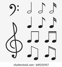 Music notes icon set and musical key. Treble clef sign. Vector illustration.