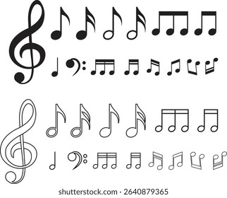 Music notes icon set. Poised flat and line symbol photograph, emphasized by defined bold, musically perfect, clarity, horizontal, sound collection isolated on transparent background, used for web.