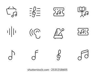 Conjunto de iconos de notas de música, símbolo de notas de música, Ilustración vectorial. Icono de música. Símbolo de instrumento musical. Contiene notas musicales, radio, oído, piano, altavoz, sonido e iconos de disco.