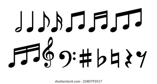 Music notes icon set. Music notes symbol. Music notes melody symbol, vector illustration, Music icon vector isolated on white background. Melody, song, note, sound, audio sign.