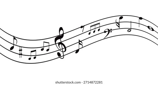 Conjunto de iconos de notas musicales, símbolo de notas musicales, onda de notas musicales, onda de notas musicales e icono de línea de símbolo musical.