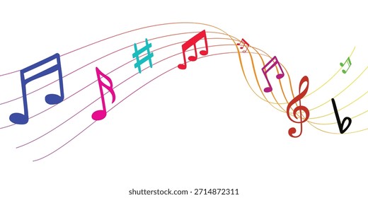 Conjunto de iconos de notas musicales, símbolo de notas musicales, onda de notas musicales, onda de notas musicales e icono de línea de símbolo musical.