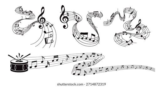 Conjunto de iconos de notas musicales, símbolo de notas musicales, onda de notas musicales, onda de notas musicales e icono de línea de símbolo musical.