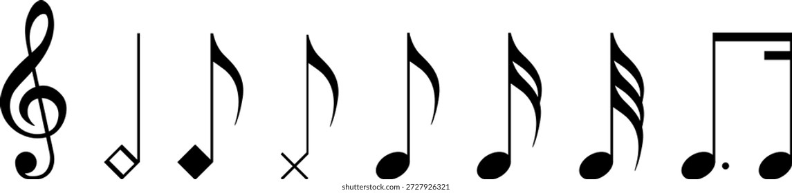 Symbolsatz für Musiknotizen, Symbol für Musiknoten, Symbol für Vektorgrafik einzeln auf transparentem Hintergrund