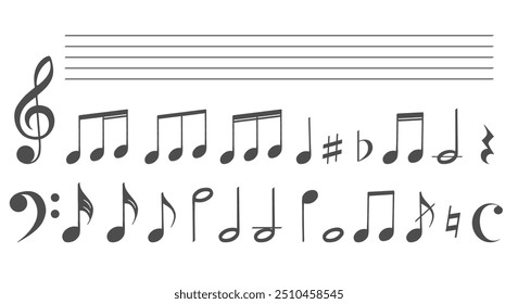 Conjunto de iconos de notas musicales. Notas agudos y base clef signos personal Ilustración vectorial aislada