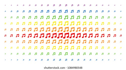 Music notes icon spectral halftone pattern. Vector music notes symbols are organized into halftone matrix with vertical rainbow colors gradient. Designed for backgrounds, covers,