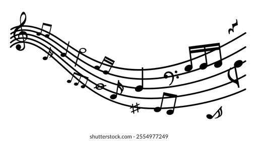 Music notes icon, staff treble clef notes, music sound, tune bass treble