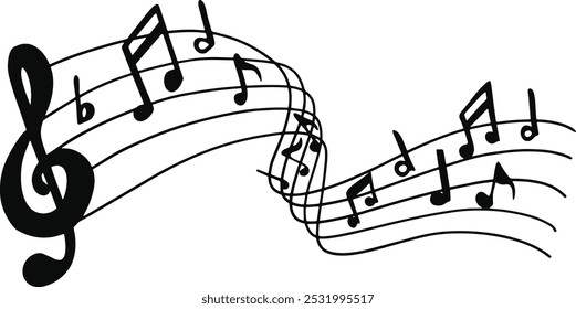 Ícone de notas musicais. Música treble clave com notas em uma folha. Notas musicais melodia em linhas onduladas fundo transparente