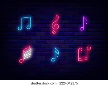 Music notes icons collection. Stand up and festival. Musical store and school emblem. Treble clef and note with wings. Night club badge. Light signboards set. Vector stock illustration