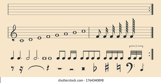 Music notes icons. Musical notation symbols such as treble and bass clef, eight, sixteenth, half, whole notes , sharp and flat signs, pauses and other. Music-related elements. Vector illustration.