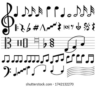 Music notes. Music notes icons. Musical note silhouettes, abstract music melody signs isolated on white background