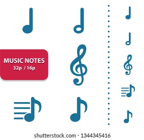 Music Notes Icons. Professional, pixel perfect icons, EPS 10 format, optimized for 32p and 16p (4x magnification for preview).