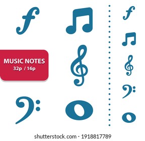 Music Notes Icons. Professional, Pixel Perfect Icons, EPS 10 Format, Optimized For 32p And 16p