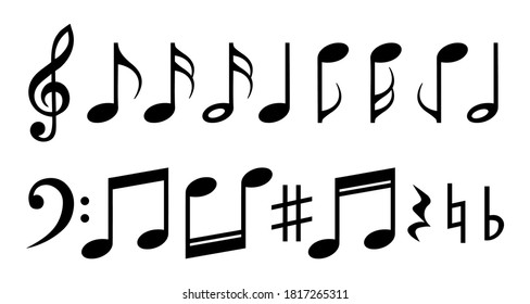 Music notes icons set. Black notes symbol on white background 