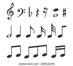 Music notes icons set. Black notes symbol on white background.