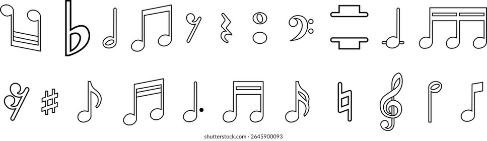 Ícones de notas musicais definidos em designs de contorno preto. Sinais de teclas musicais. Ilustração de vetores de música, melodia ou melodia para aplicativos musicais e sites. Ideal para conteúdo de música, logotipos, álbuns e produção de som.
