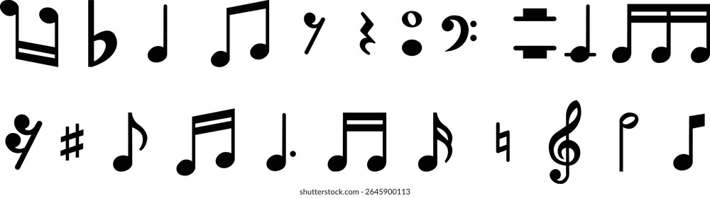 Ícones de notas musicais definidos em designs em preto plano. Sinais de teclas musicais. Ilustração de vetores de música, melodia ou melodia para aplicativos musicais e sites. Ideal para conteúdo de música, logotipos, álbuns e produção de som.