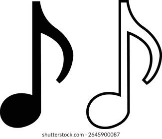 Ícones de notas musicais definidos em designs simples e de estrutura de tópicos. Sinais de teclas musicais. Ilustração de vetores de música, melodia ou melodia para aplicativos musicais e sites. Ideal para conteúdo de música, logotipos, álbuns e produção de som.