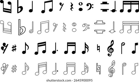 Ícones de notas musicais definidos em designs simples e de estrutura de tópicos. Sinais de teclas musicais. Ilustração de vetores de música, melodia ou melodia para aplicativos musicais e sites. Ideal para conteúdo de música, logotipos, álbuns e produção de som.