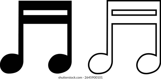 Ícones de notas musicais definidos em designs simples e de estrutura de tópicos. Sinais de teclas musicais. Ilustração de vetores de música, melodia ou melodia para aplicativos musicais e sites. Ideal para conteúdo de música, logotipos, álbuns e produção de som.