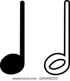 Ícones de notas musicais definidos em designs simples e de estrutura de tópicos. Sinais de teclas musicais. Ilustração de vetores de música, melodia ou melodia para aplicativos musicais e sites. Ideal para conteúdo de música, logotipos, álbuns e produção de som.