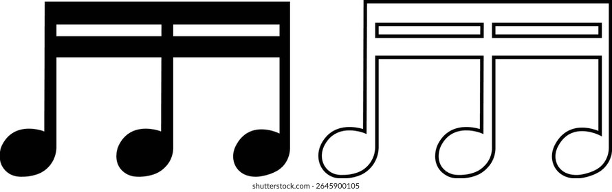 Music notes icons set in flat, outline designs. Musical key signs. Song, melody or tune vectors illustration for musical apps and websites. Ideal for music content, logos, albums and sound production.