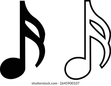 Ícones de notas musicais definidos em designs simples e de estrutura de tópicos. Sinais de teclas musicais. Ilustração de vetores de música, melodia ou melodia para aplicativos musicais e sites. Ideal para conteúdo de música, logotipos, álbuns e produção de som.