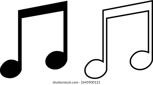 Ícones de notas musicais definidos em designs simples e de estrutura de tópicos. Sinais de teclas musicais. Ilustração de vetores de música, melodia ou melodia para aplicativos musicais e sites. Ideal para conteúdo de música, logotipos, álbuns e produção de som.