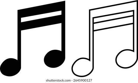 Ícones de notas musicais definidos em designs simples e de estrutura de tópicos. Sinais de teclas musicais. Ilustração de vetores de música, melodia ou melodia para aplicativos musicais e sites. Ideal para conteúdo de música, logotipos, álbuns e produção de som.