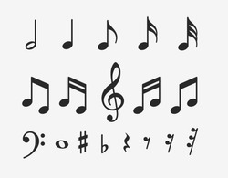 Muzyka Nuty Ikony Ustawione. Kluczowe Znaki Muzyczne. Symbole Wektorowe Na Białym Tle.