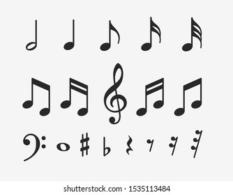 Набор иконок музыкальных нот. Музыкальные ключевые знаки. Векторные символы на белом фоне.