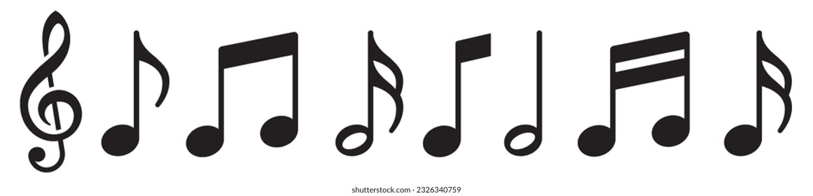 Music notes icons set. Musical notation symbols. Black notes symbol on white background - stock vector.
