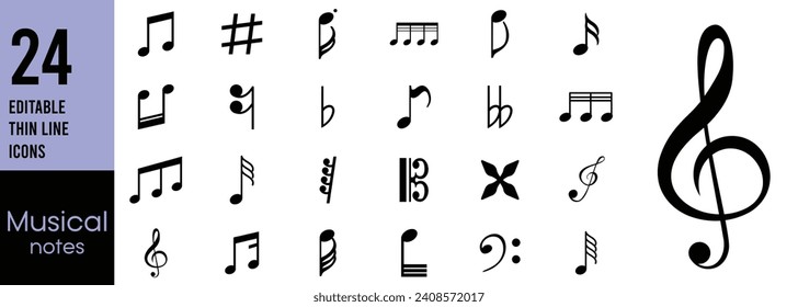 Music notes icons set. Musical key signs. Vector symbols on white background.