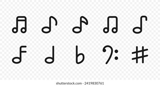 Music notes icons set. Musical key signs. Vector symbols isolated on transparent background