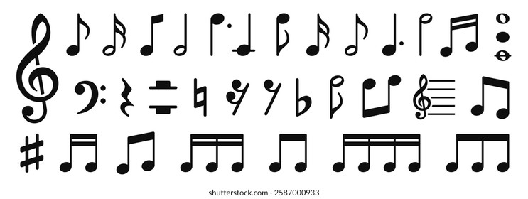 Music notes icons set. Musical notation symbols. Black notes symbol on white background - stock vector.