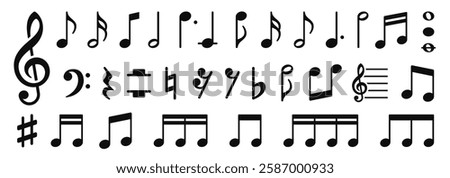 Music notes icons set. Musical notation symbols. Black notes symbol on white background - stock vector.