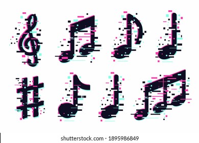 Music notes icons set. Vector musical signs isolated on white. Modern sound concept, trendy illustration. Glitch style symbols collection.