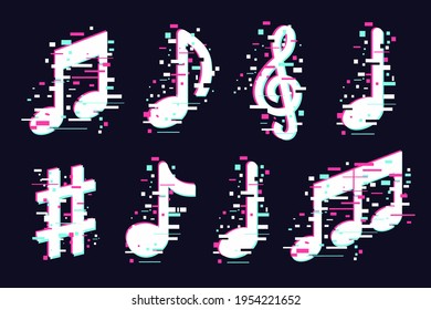 Music notes icons set. Vector musical signs. Modern sound concept, trendy illustration. Glitch style symbols collection.